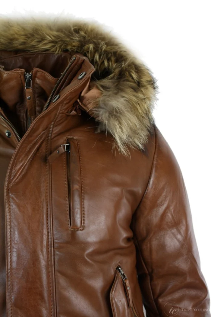 Fur Collar Dark Brown Leather Jacket With Hood