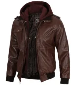 Bomber Dark Brown Leather Jacket With Hood