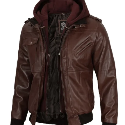 Bomber Dark Brown Leather Jacket With Hood