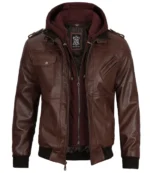 Bomber Dark Brown Leather Jacket With Hood