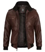 Bomber Dark Brown Leather Jacket With Hood