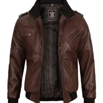 Bomber Dark Brown Leather Jacket With Hood