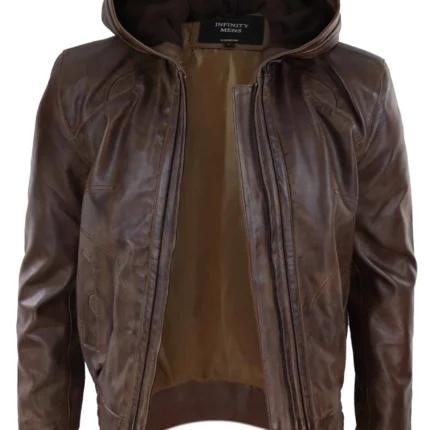 Dark Brown Leather Jacket With Hood