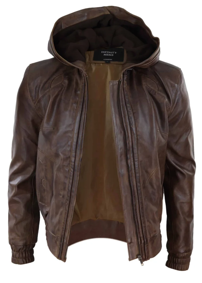 Dark Brown Leather Jacket With Hood