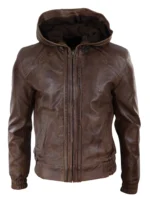 Dark Brown Leather Jacket With Hood