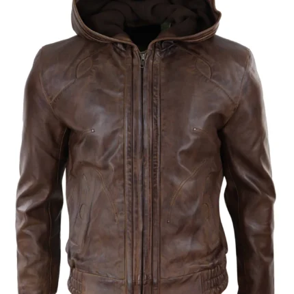 Dark Brown Leather Jacket With Hood