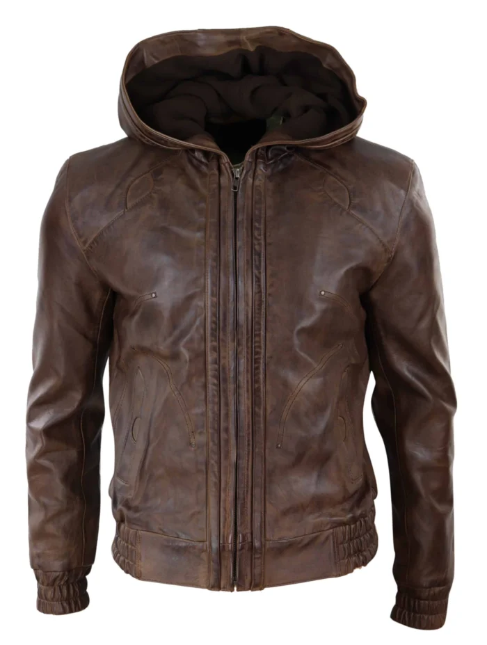 Dark Brown Leather Jacket With Hood