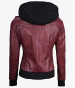 Women Maroon Hooded Leather Jacket