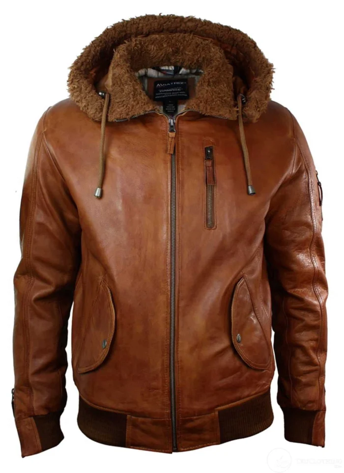 Bomber Brown Leather Jacket With Hood