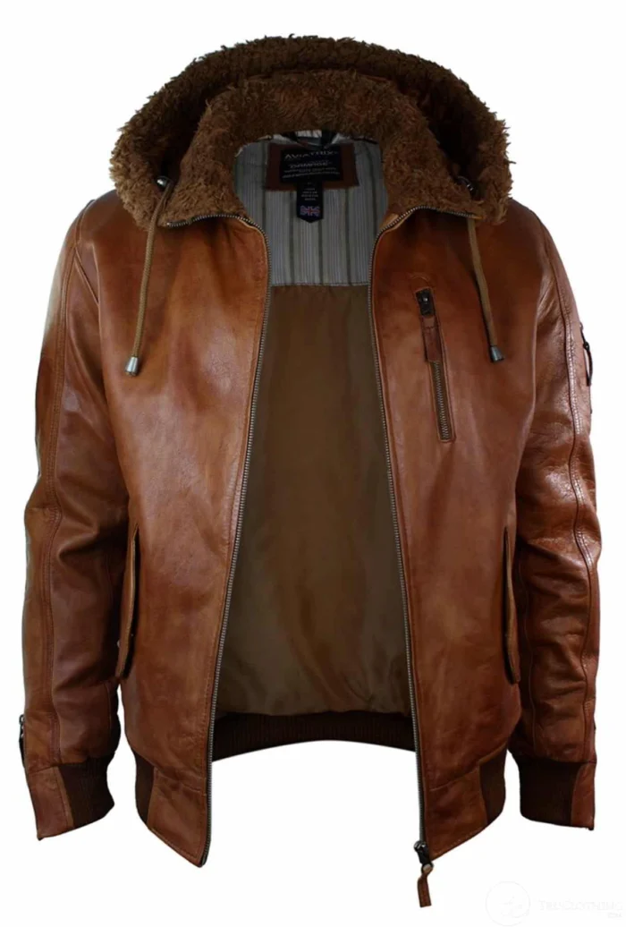 Bomber Brown Leather Jacket With Hood