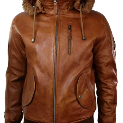 Bomber Brown Leather Jacket With Hood