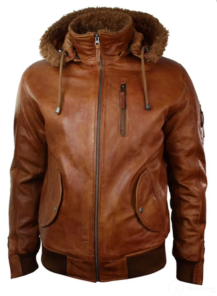 Bomber Brown Leather Jacket With Hood