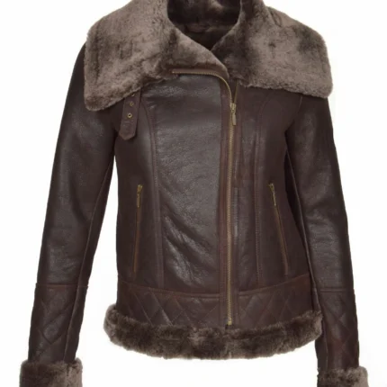 Dark Brown Women Fur Collar Leather Coats