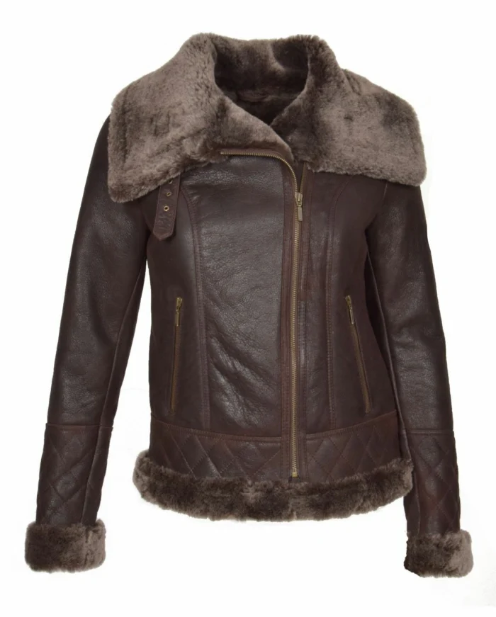 Dark Brown Women Fur Collar Leather Coats