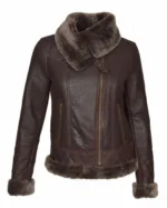 Dark Brown Women Fur Collar Leather Coats