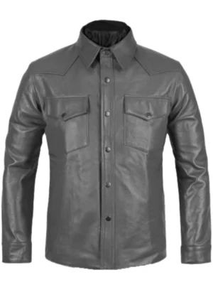 Gray Leather Shirt Jacket