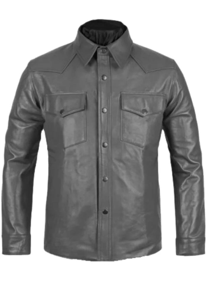 Gray Leather Shirt Jacket