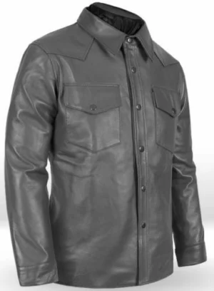 Gray Leather Shirt Jacket