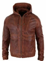 Men Brown Leather Jacket With Hood