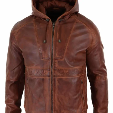 Men Brown Leather Jacket With Hood