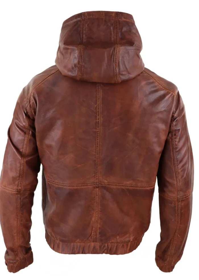 Men Brown Leather Jacket With Hood