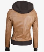 Women Camel Brown Hooded Leather Jacket