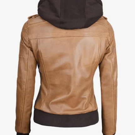 Women Camel Brown Hooded Leather Jacket