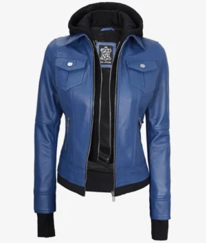 Women Blue Hooded Leather Jacket