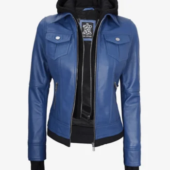 Women Blue Hooded Leather Jacket