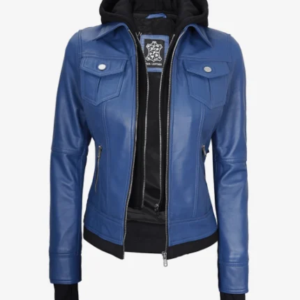 Women Blue Hooded Leather Jacket