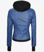 Women Blue Hooded Leather Jacket