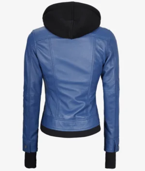 Women Blue Hooded Leather Jacket