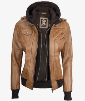 Women Camel Brown Hooded Leather Jacket