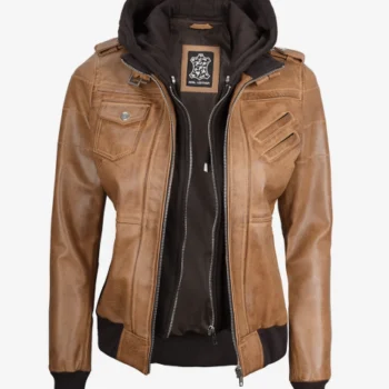 Women Camel Brown Hooded Leather Jacket