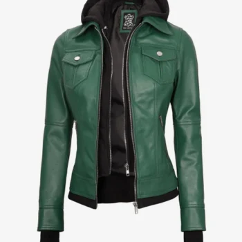 Green Hooded Leather Jacket Women