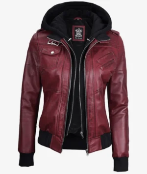 Women Maroon Hooded Leather Jacket