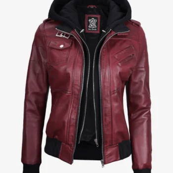 Women Maroon Hooded Leather Jacket