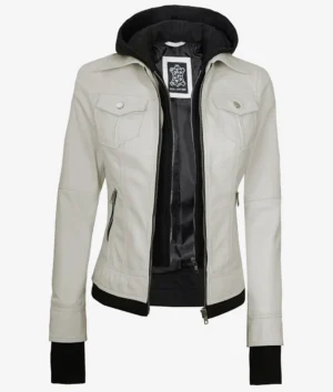 White Hooded Leather Jacket Women