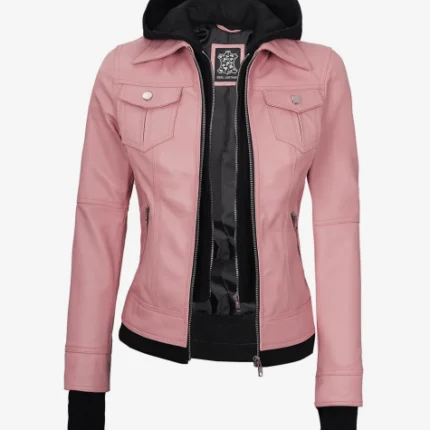 Pink Hooded Leather Jacket Women