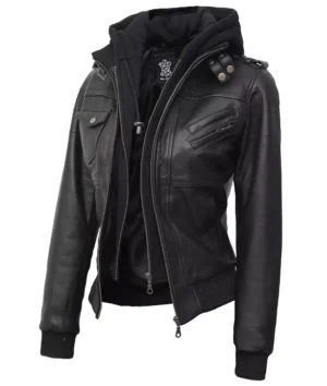 Women Black Leather Bomber Jacket with Hood