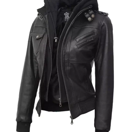 Women Black Leather Bomber Jacket with Hood