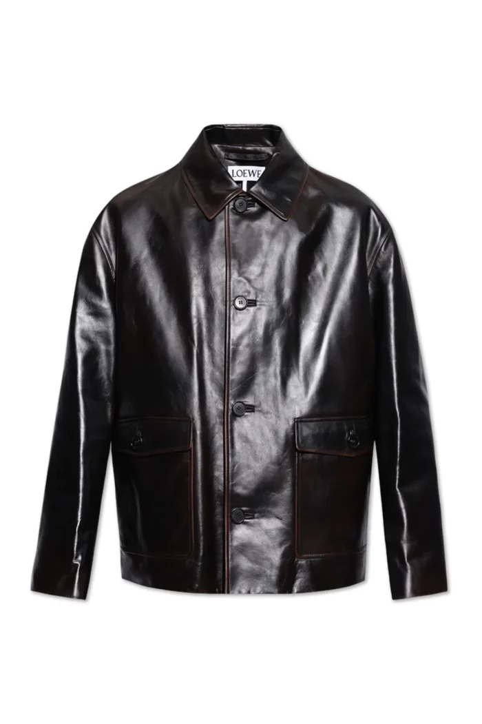 Genuine Black Button Leather Bomber Jacket