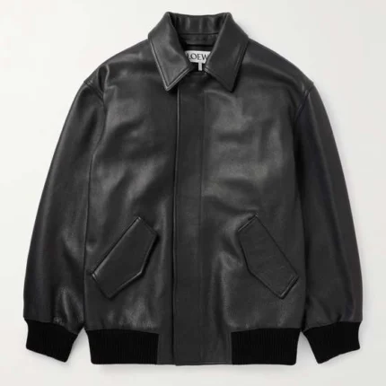 Genuine Black Textured Leather Bomber Jacket