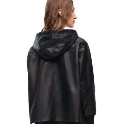 Ladies Hooded Black Leather Jacket