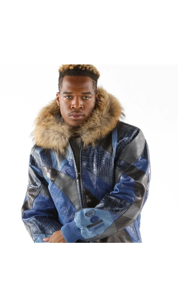 Pelle Pelle Blue Fur Hood Leather Jacket | Abstract Pattern