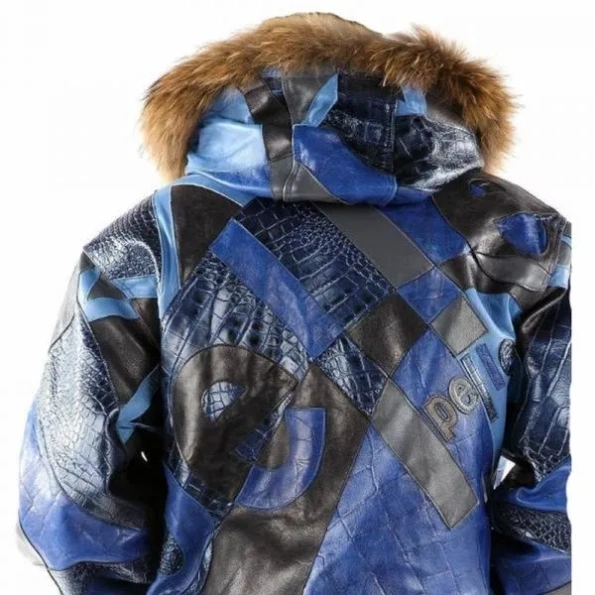 Pelle Pelle Blue Fur Hood Leather Jacket | Abstract Pattern view 2