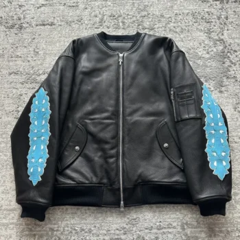 Chrome Hearts Blue Floral Patch Leather Bomber Jacket