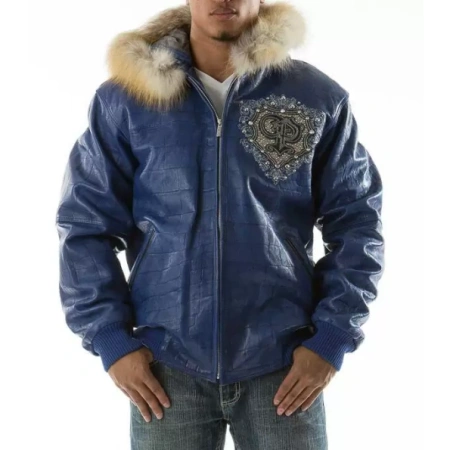 Pelle Pelle Men Dark Blue Fur Hood Jacket | PP Crest Jacket