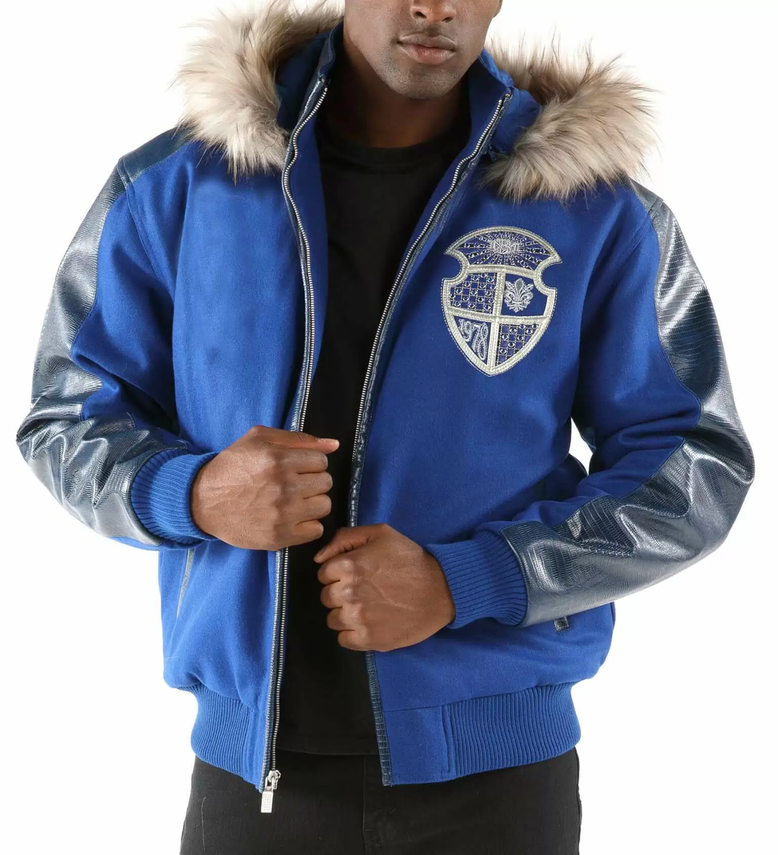 Pelle Pelle Dynasty Blue Fur Hood | Wool Leather Jacket