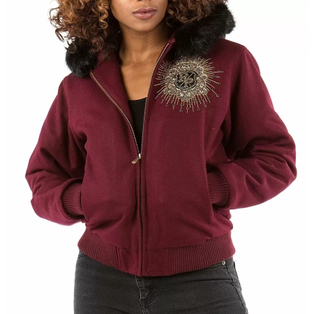 Bold Pelle Pelle Hooded Crest Maroon Jacket view 2